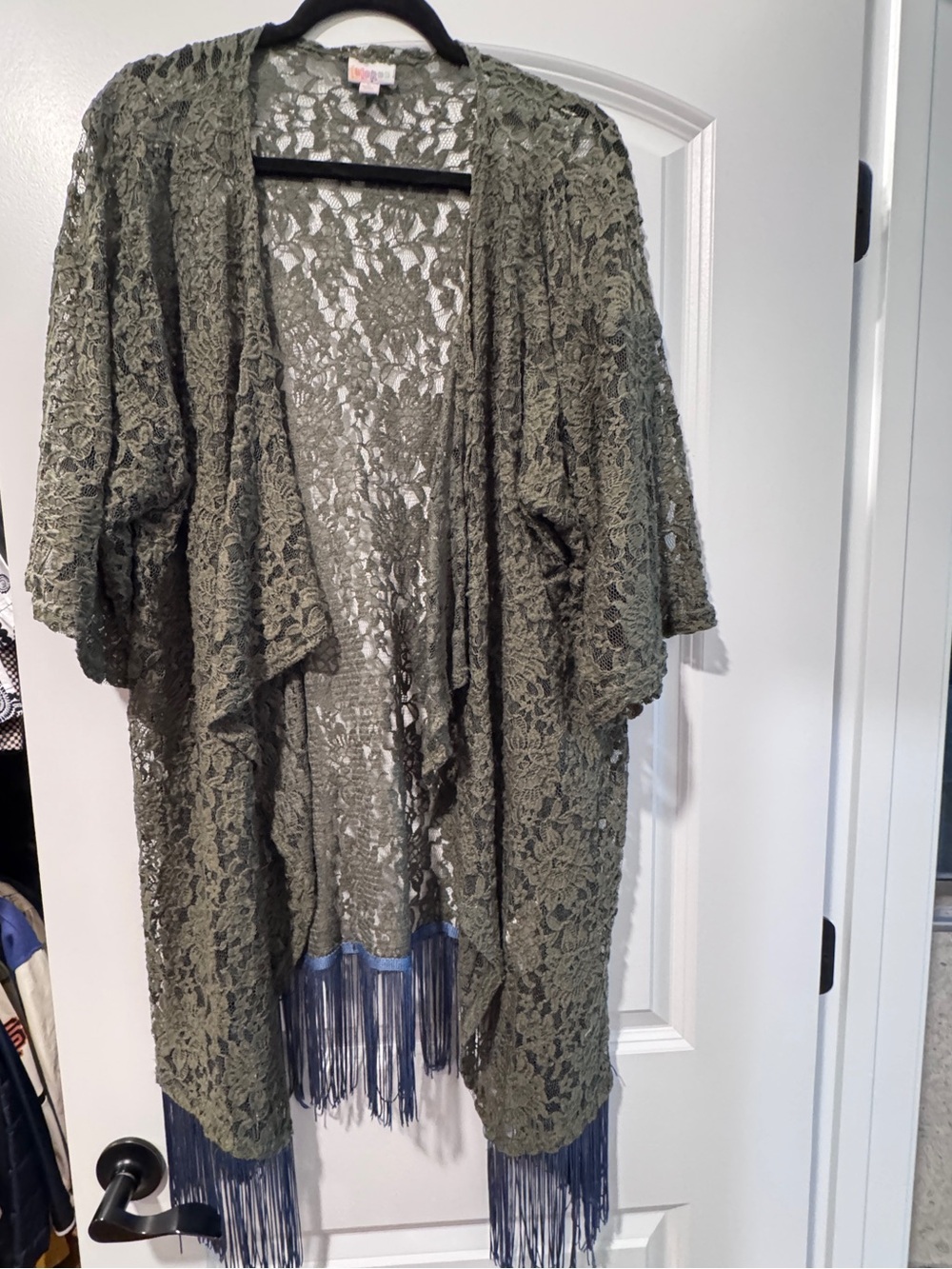 LuLaRoe Monroe Olive green lace with blue fringe.
